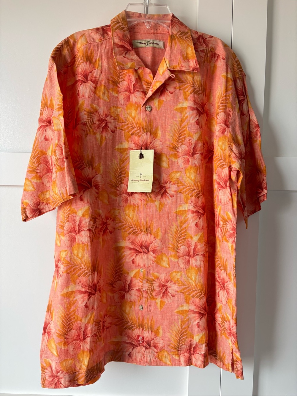 Tommy Bahama Coral and Yellow Floral Camp Shirt